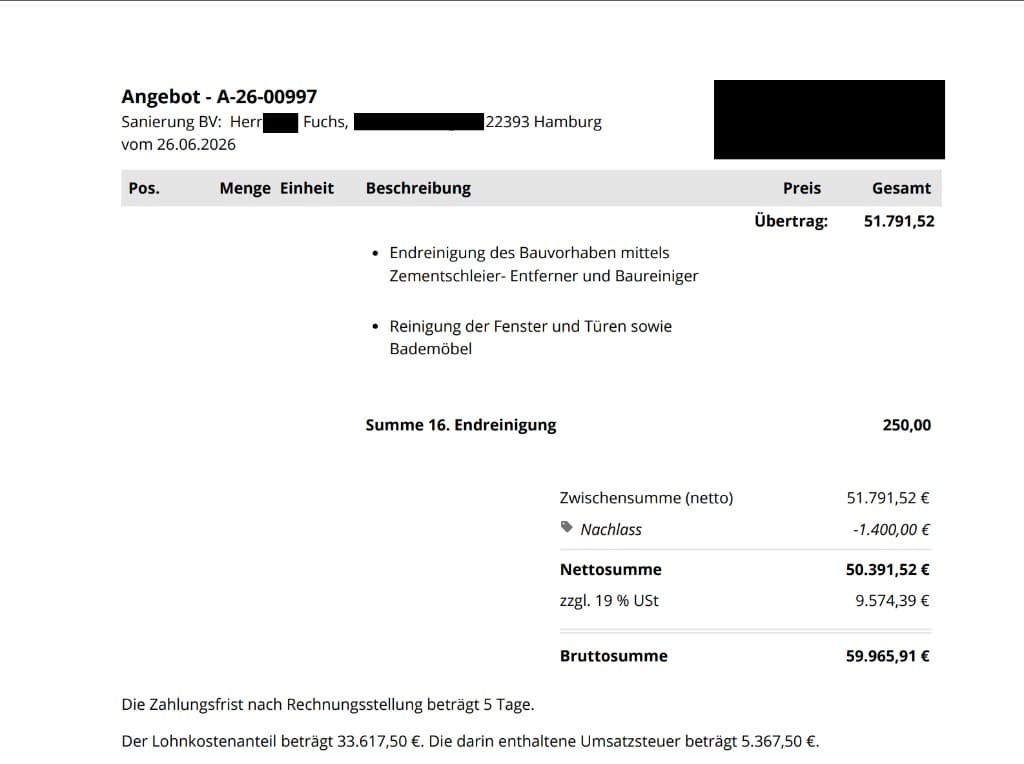 Angebot Komplettsanierung Hamburg, rund 60.000 Euro